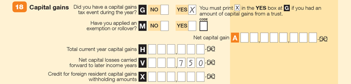 Enter an X at YES item G (Did you have a capital gains tax event durying the year?) and $750 at V (Net capital losses carried forward to later income years)