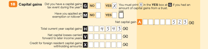 Enter an X at Yes Item G (Did you have a capital gains tax event during the year?), $523 at A (Net capital gain) and $4,543 at H (Total current year capital gains)