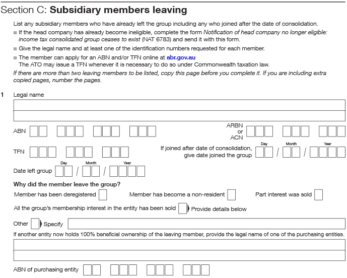 Image shows a portion of the form - Section C: Subsidiary members leaving.