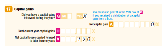 17 Capital gains G Did you have a capital gains tax event during the year? Yes A Net capital gain nil H Total current year capital gains nil V Net capital losses carried forward to later income years $750
