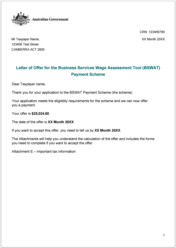 Example letter of offer from the Department of Social Services