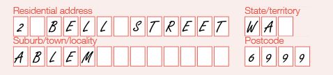 Example of the completed 'Residential address' fields on the form.