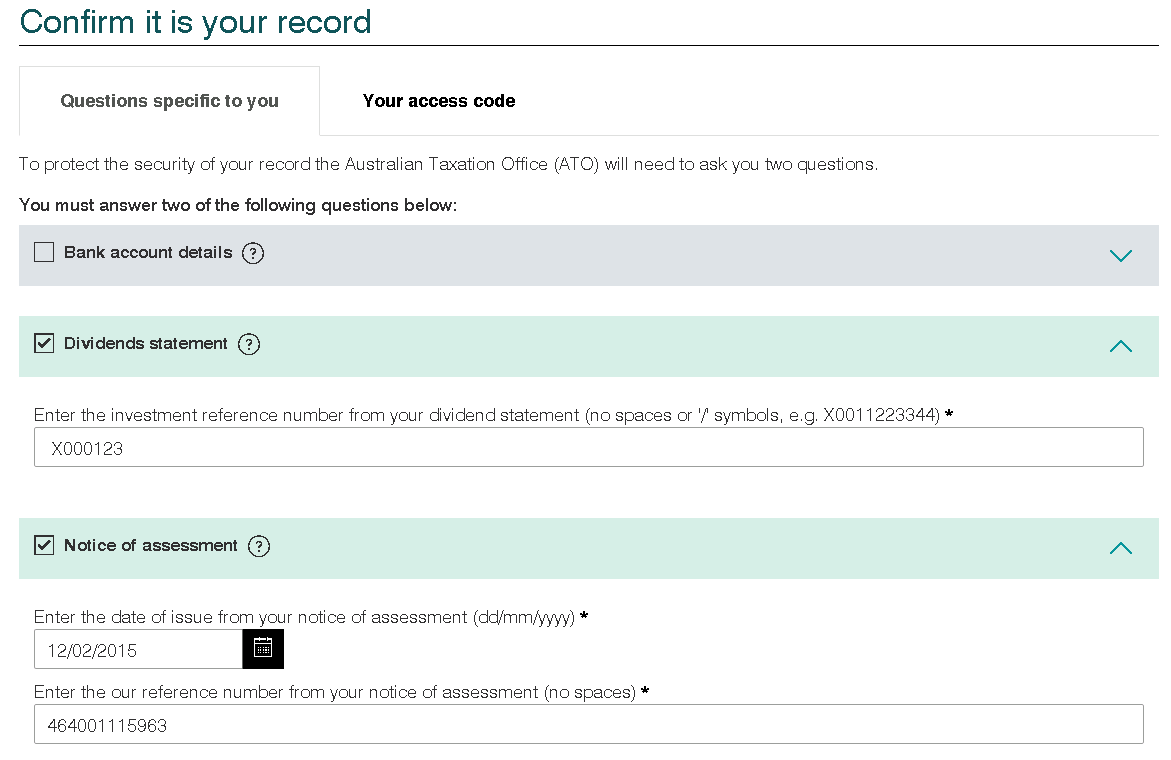 An example of the 'Confirm it is your record' screen where the client needs to enter specific tax details to confirm their identity.