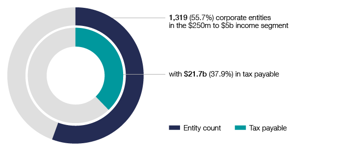 In 2019-20, the large corporate entities which fall into the $250 million to $5 billion income segment, represent 55.7% of the population and reported tax payable of $21.7 billion, or 37.9% of the total.