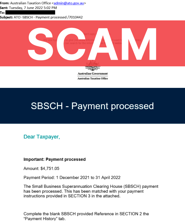 Scam email that claims to be from ATO. Its title reads 'SBSCH - payment processed'.