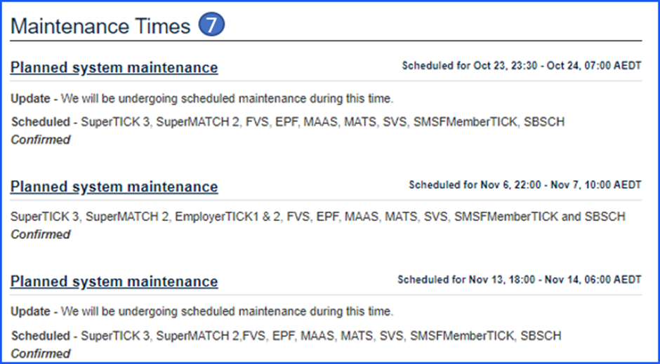 This image shows the maintenance times 